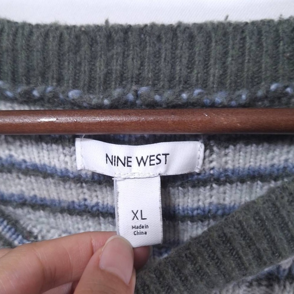 Nine West Striped Cropped Sweater Women's XL Puff Sleeve Pullover Knit Gray Blue - Picture 3 of 9